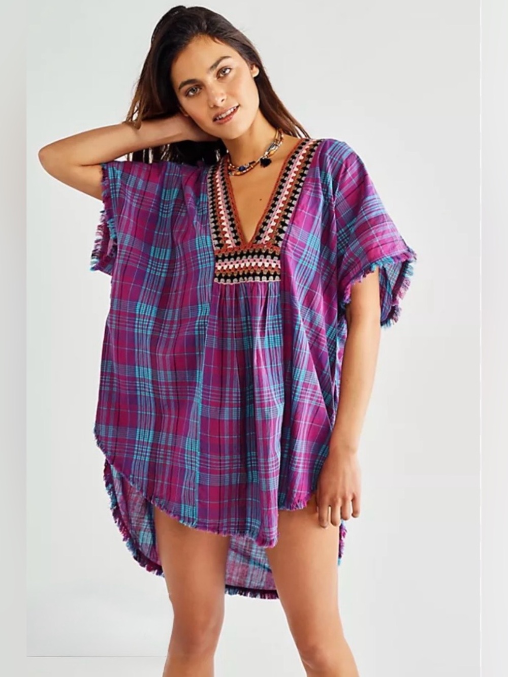 Free People Mari Poncho in Purple and Blue Plaid with Crochet Trim size Small